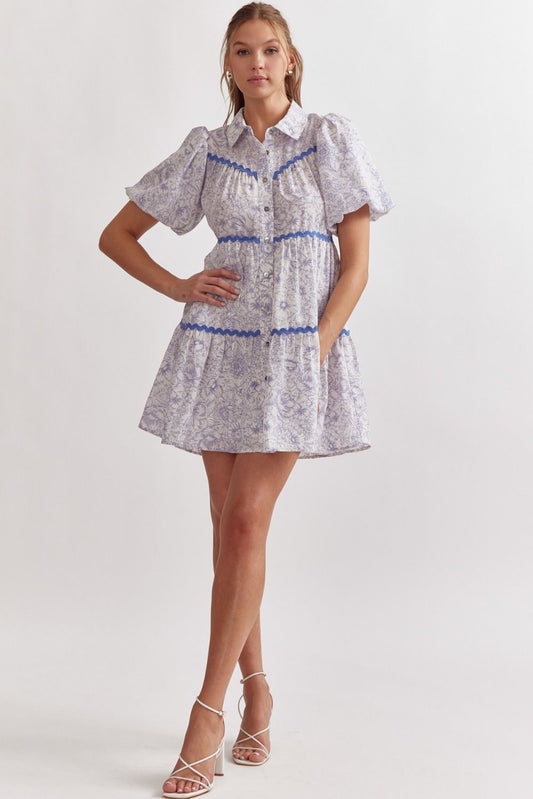 D22191 Floral Print Bubble Sleeve Mini Dress