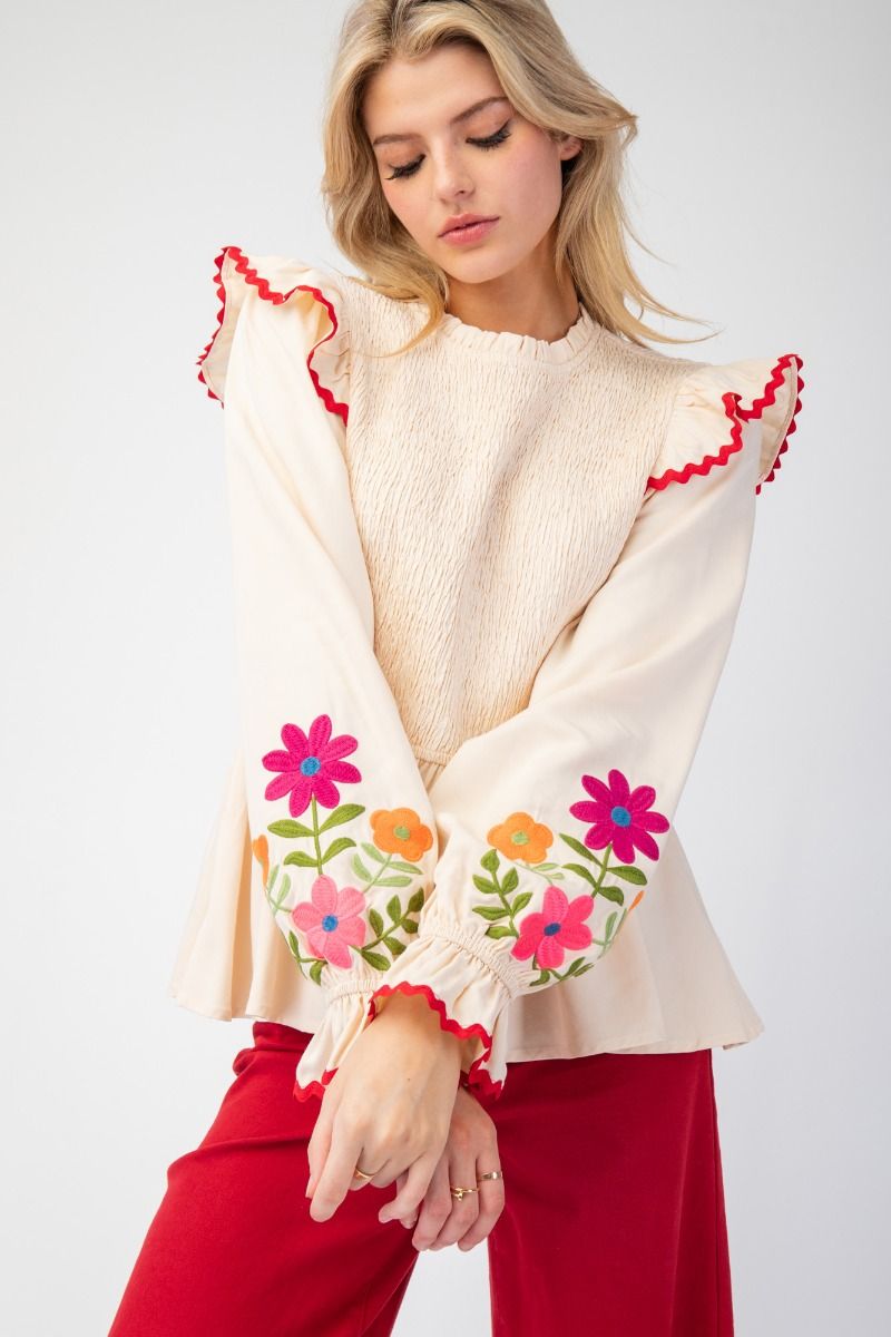 ET71136 Smocked Bodice Peplum Top