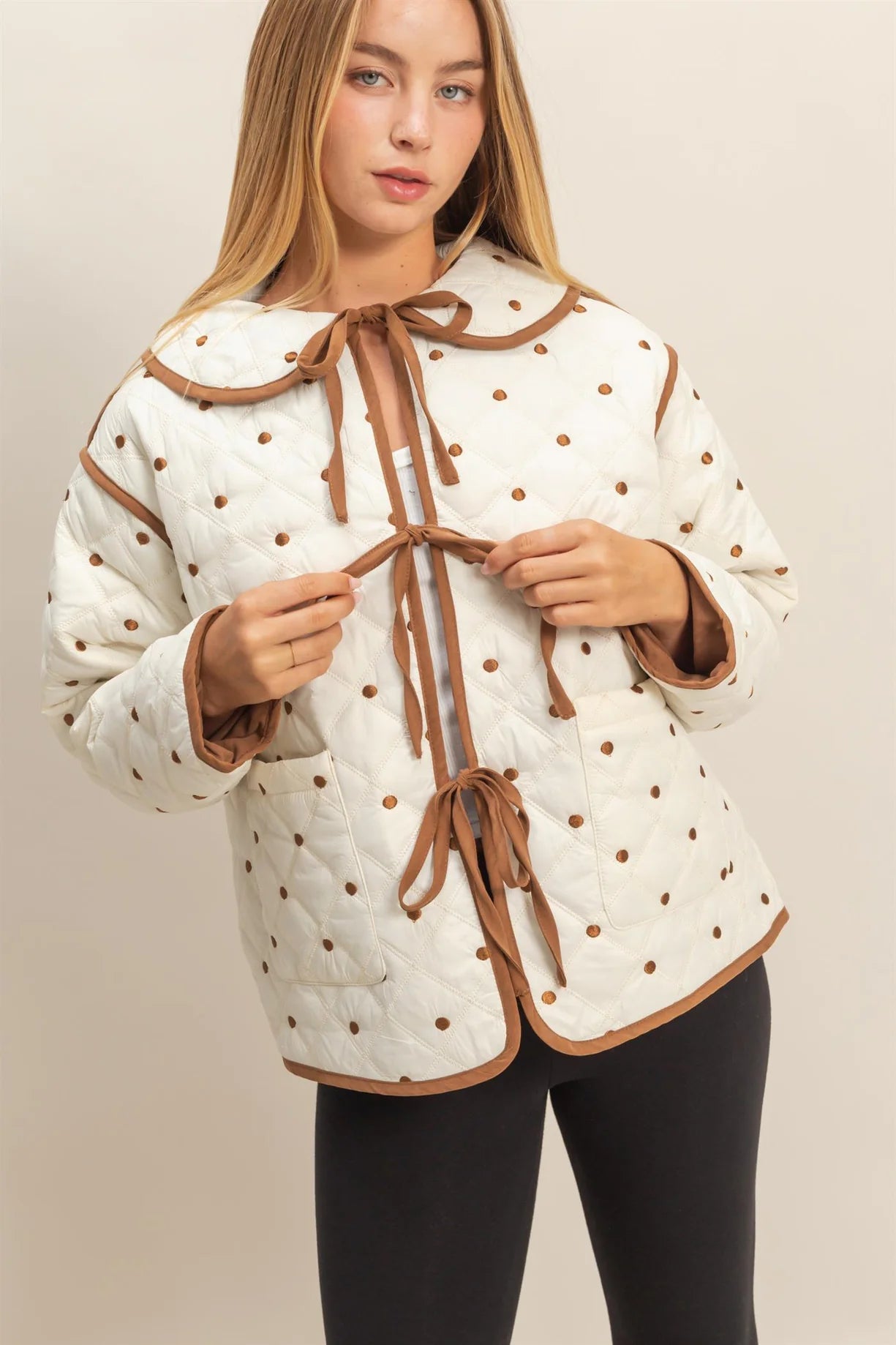 HF26A086 Polkadot Quilted Front Tie Jacket