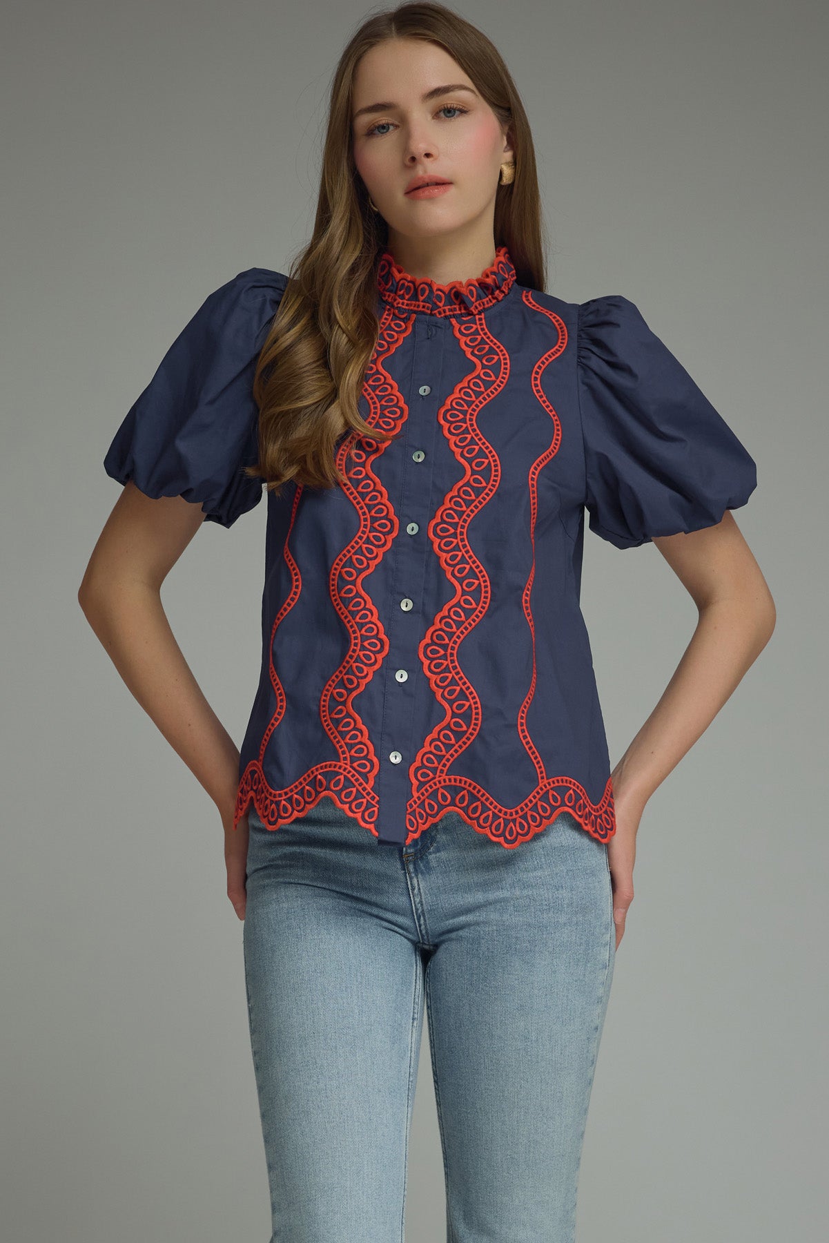T31792 Embroidered Scallop Trim Detail Top
