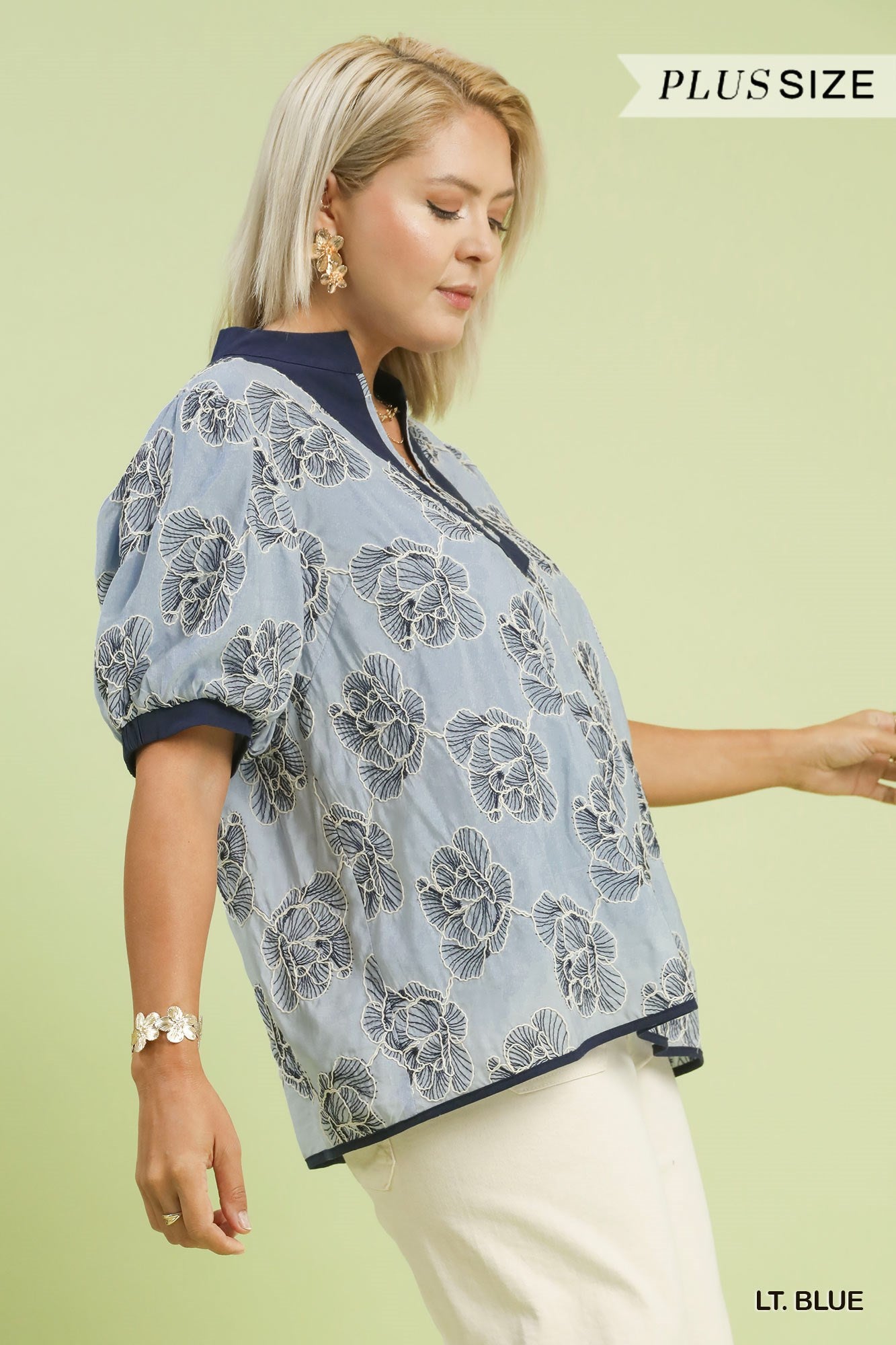 WK1507 Curvy Embroidered V-Neck Top