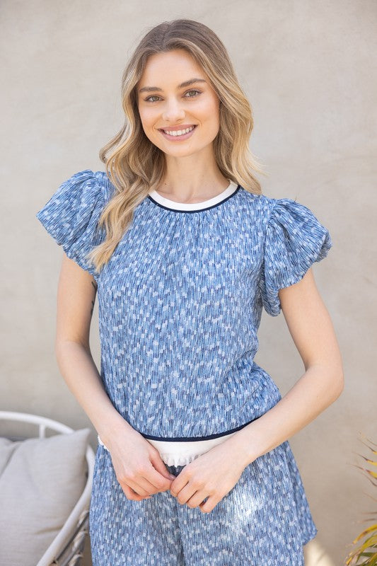 35664 Ruffle Rib Knit Striped Elastic Hem Top