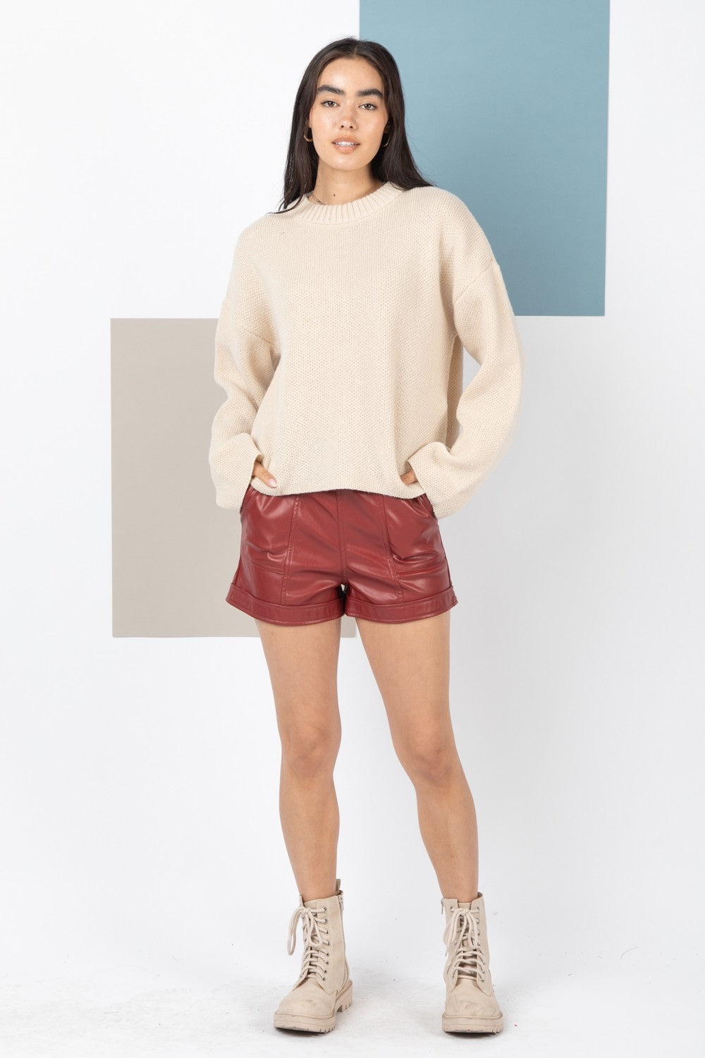 NP70281 Faux Leather Casual Shorts