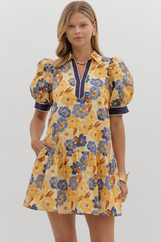 D27992 Floral Print Bubble Sleeve Mini Dress