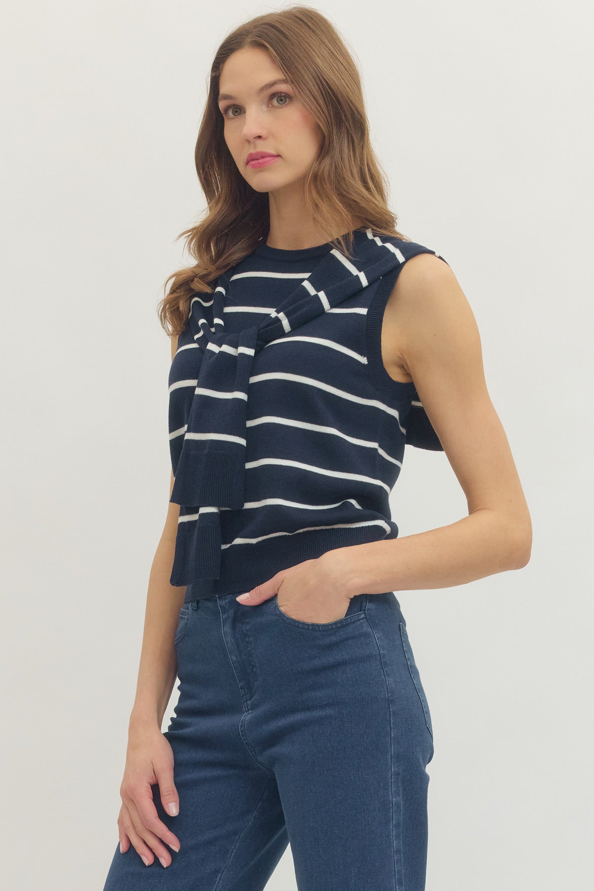 T30711 Sleeveless Stripe Top with Scarf Detail