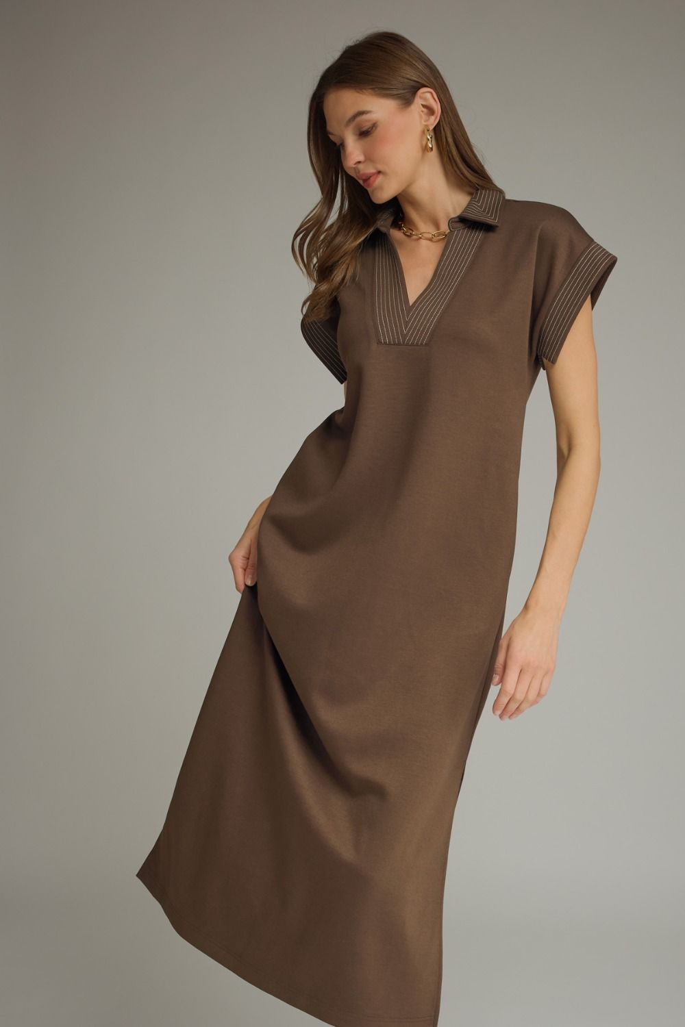 D31769 Solid Collared Midi Dress
