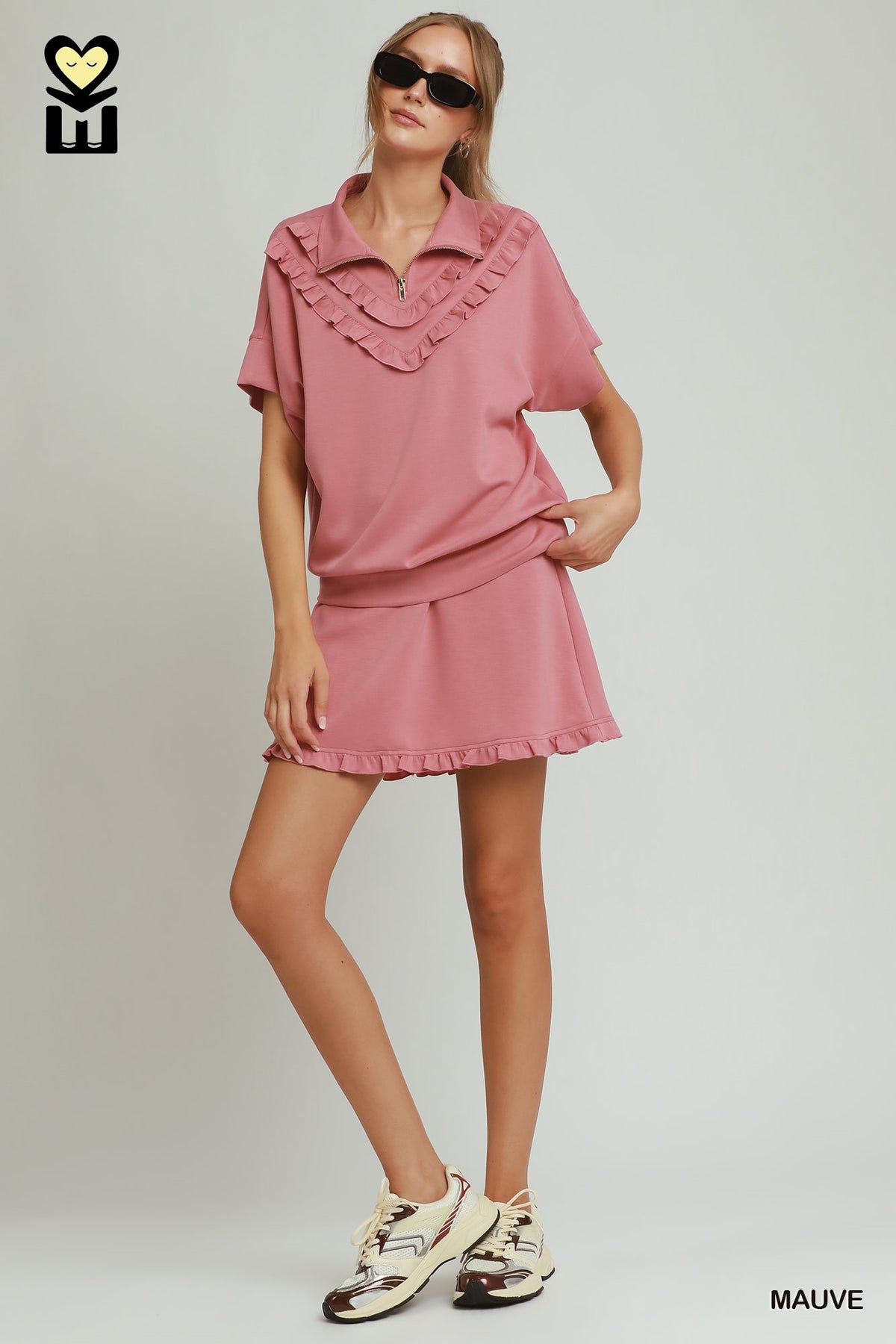 H1085-T Ruffle Quarter Zip Top