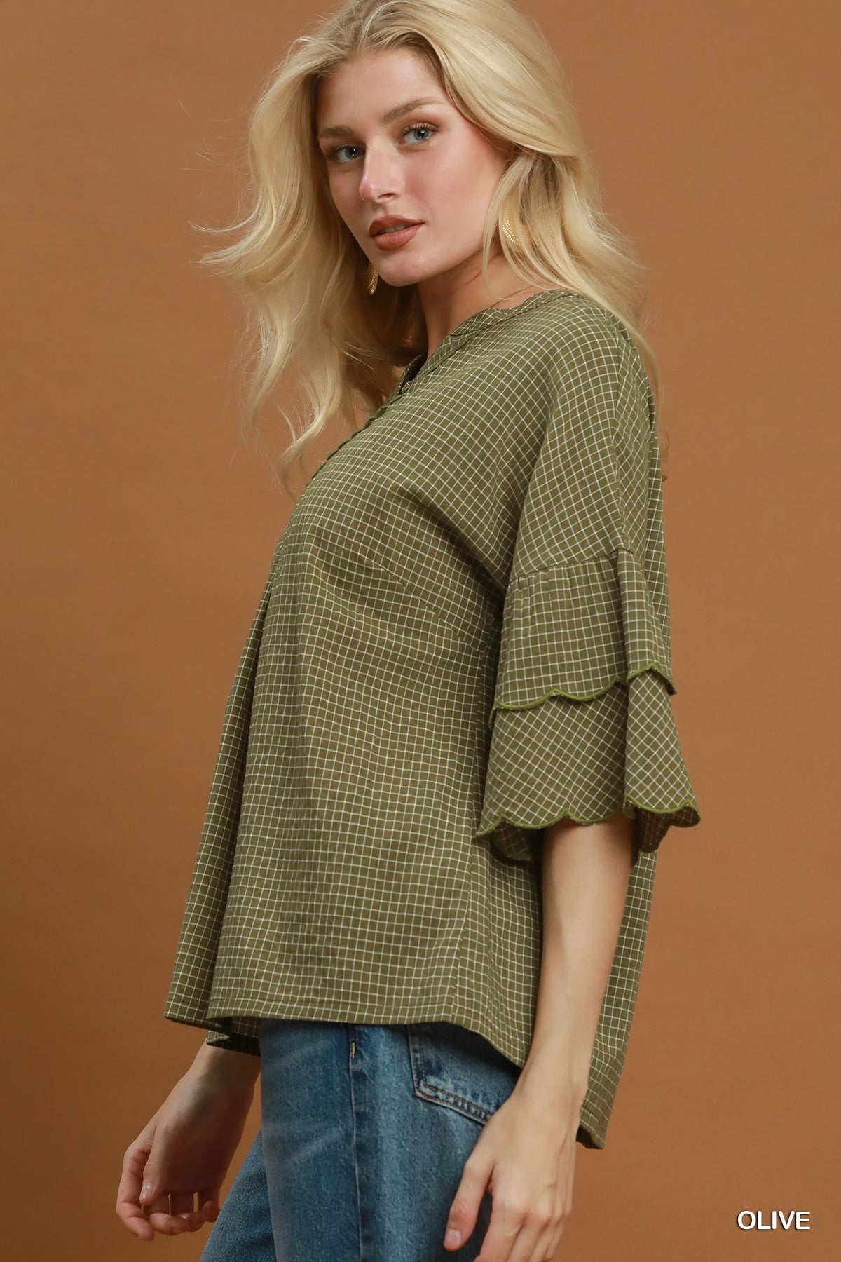 N7120 Checkered Top with Tiered Ruffle Sleeves