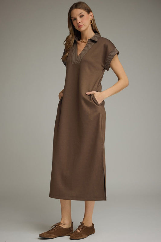 D31769 Solid Collared Midi Dress