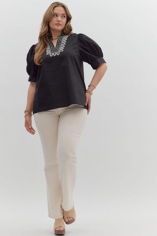 T27464P Curvy Solid Puff Sleeve Top