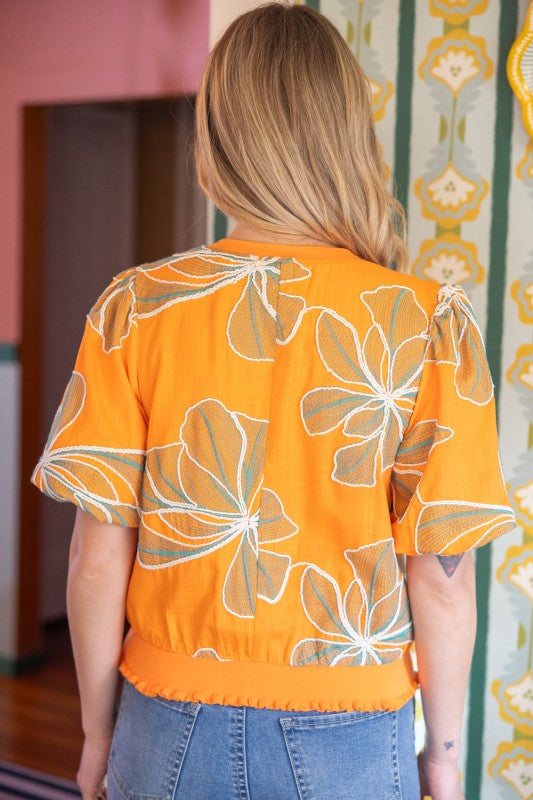 36711 Contrast Band Detailed Floral Embroidery Top