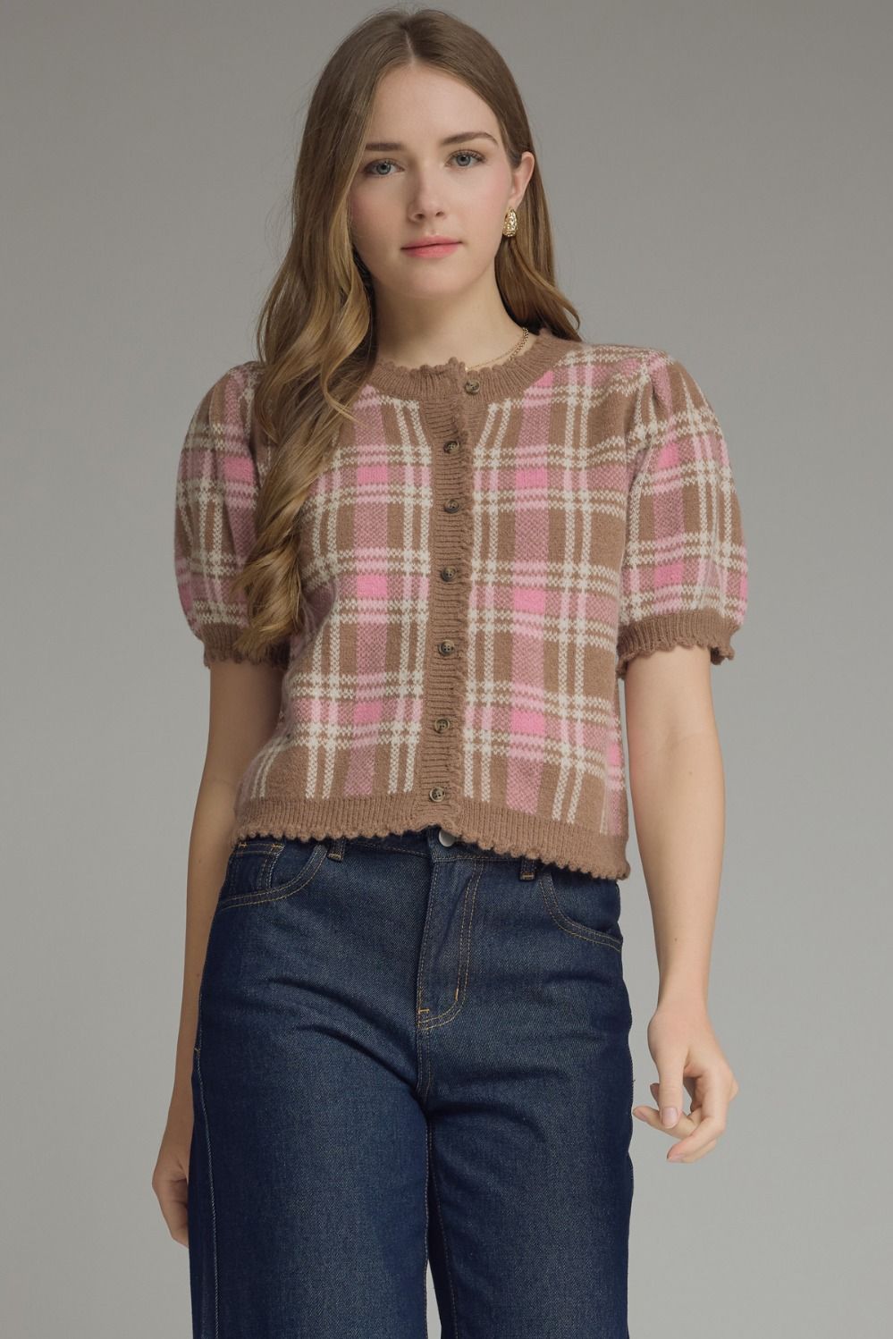 T32127 Plaid Sweater Top