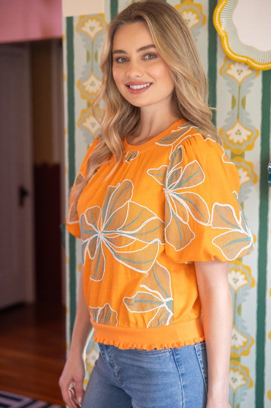 36711 Contrast Band Detailed Floral Embroidery Top