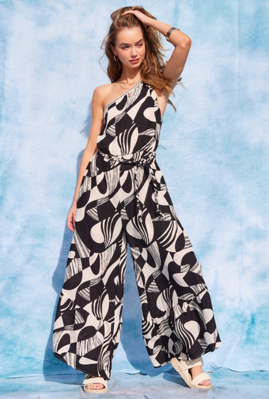 IM8541 Printed One Shoulder Wide Leg Jumpsuit