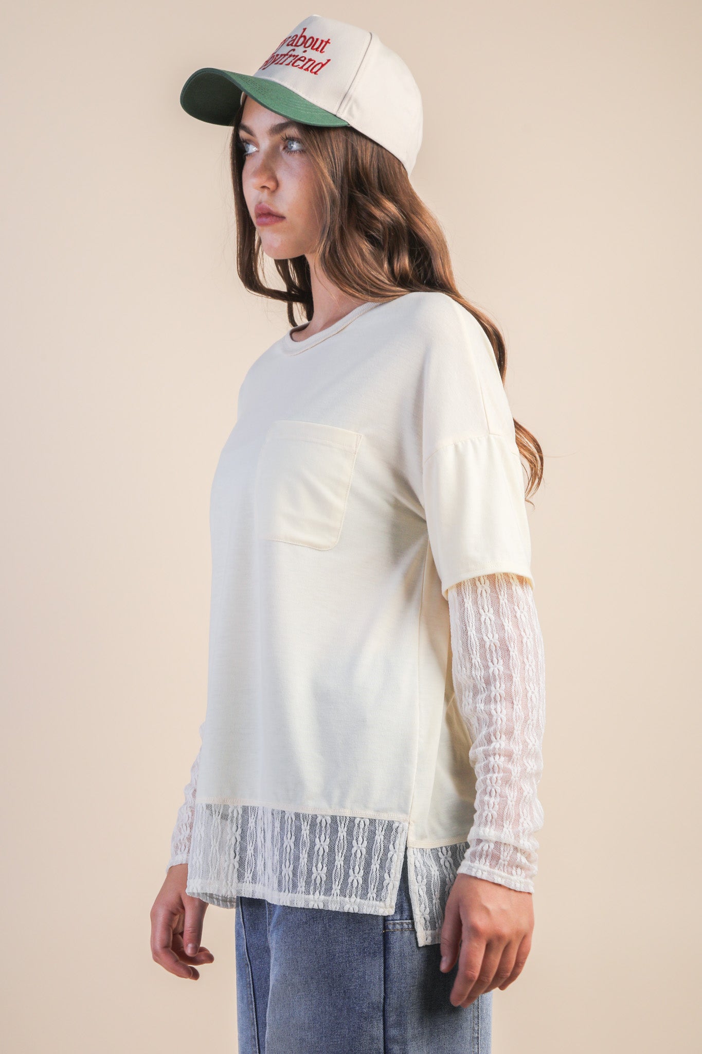NT12351 Oversized Knit Top with Lace