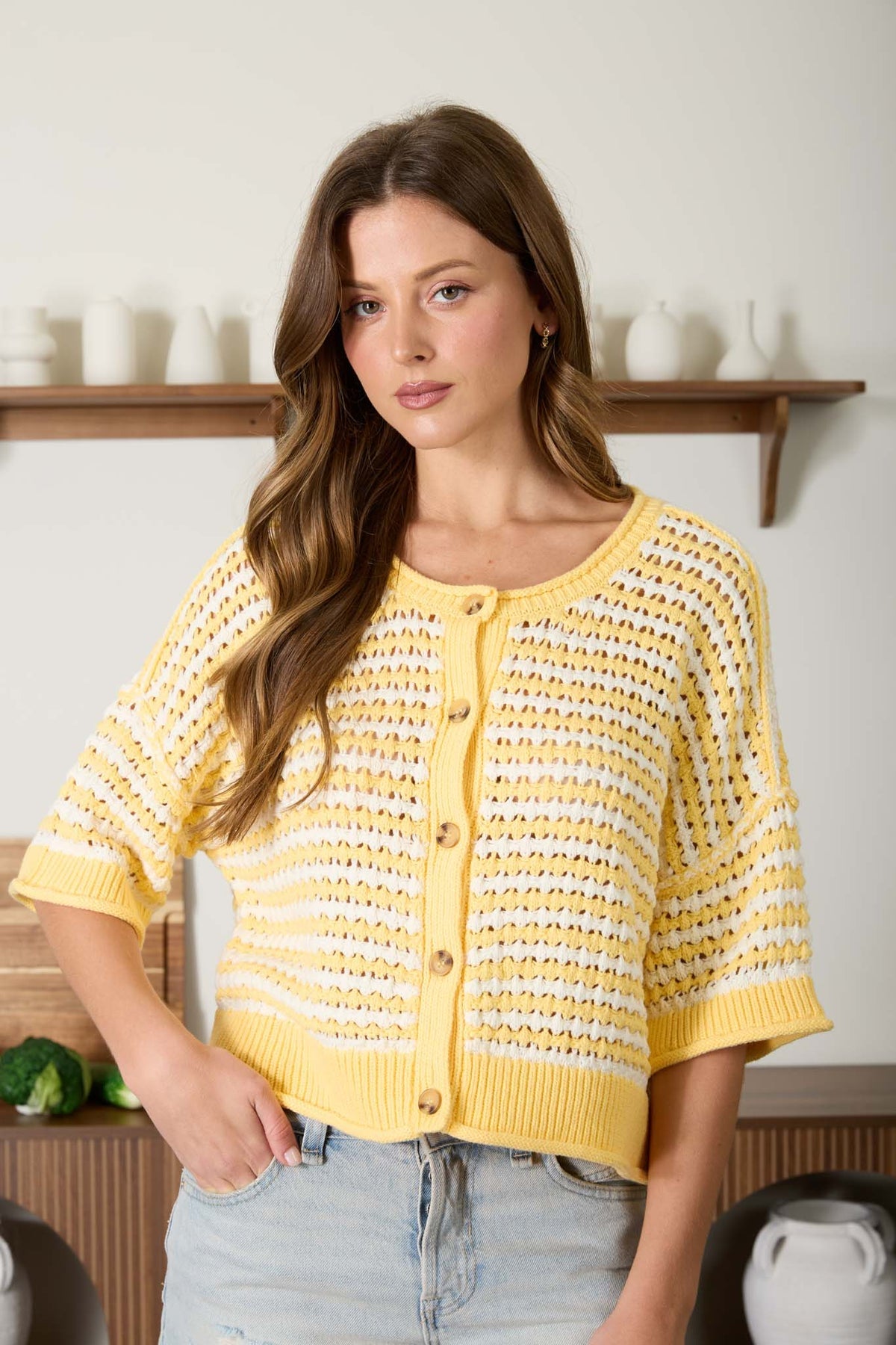 B6ST1032 Stripe Open Crochet Sweater Top