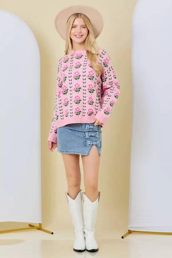CL20865 Floral Border Jacquard Sweater