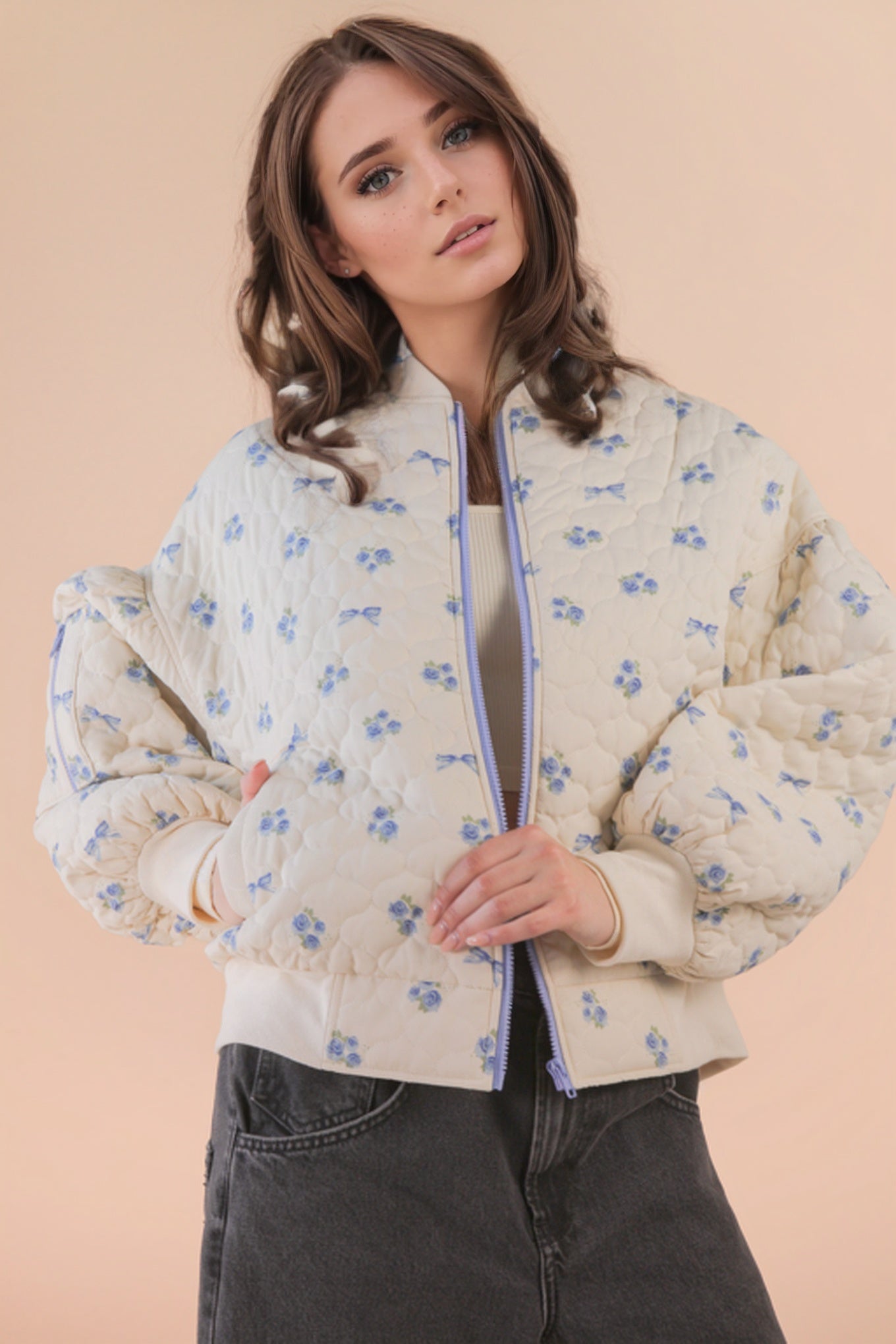 NJ90411 Floral Printed Quilted Jacket