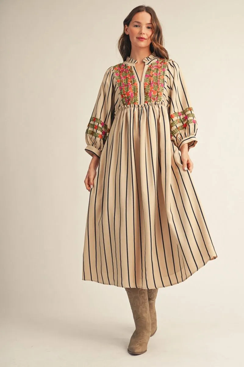 B12672-2 Stripe Peasant Style Midi Dress