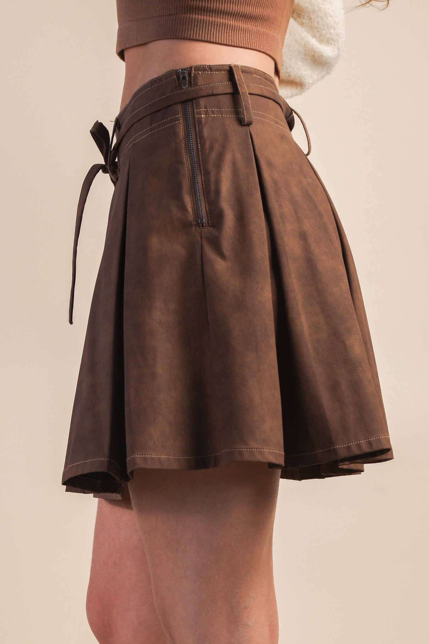 NS50177 Vegan Leather Pleated Mini Skort