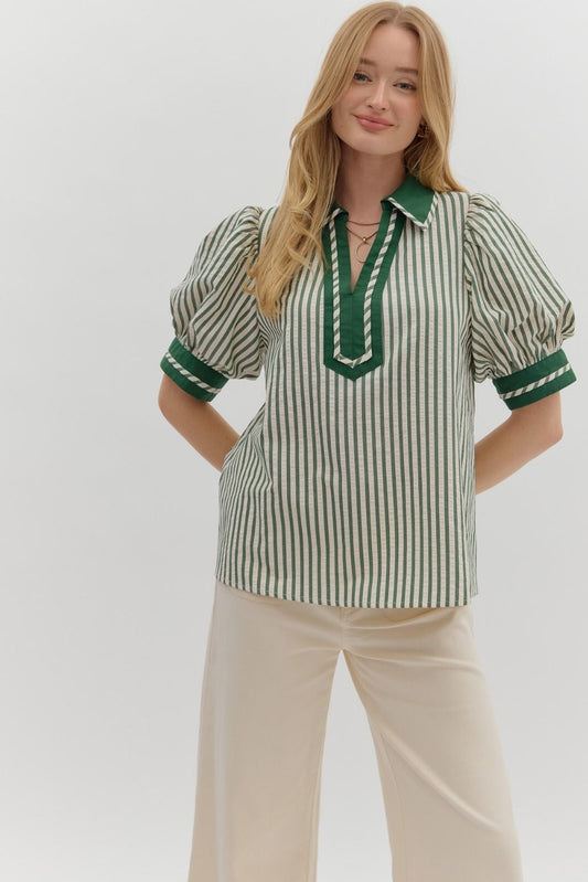 T27102 Stripe Pattern Puff Sleeve Top