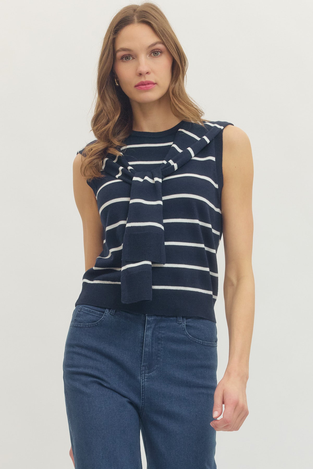 T30711 Sleeveless Stripe Top with Scarf Detail