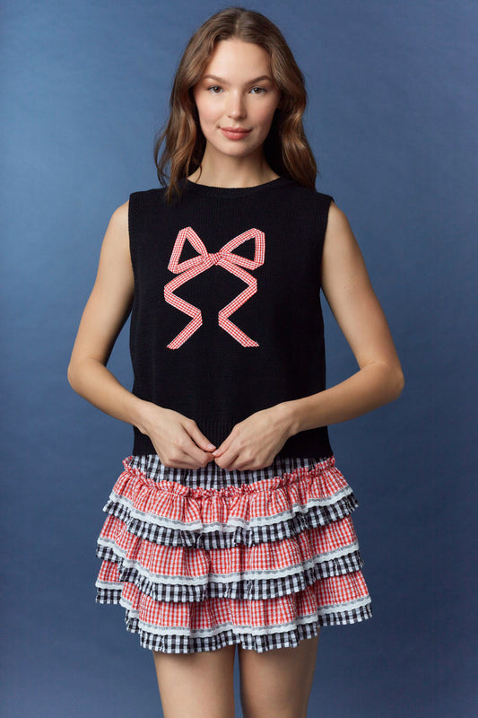 IKT300185-01 Gingham Bow Detail Sweater Vest