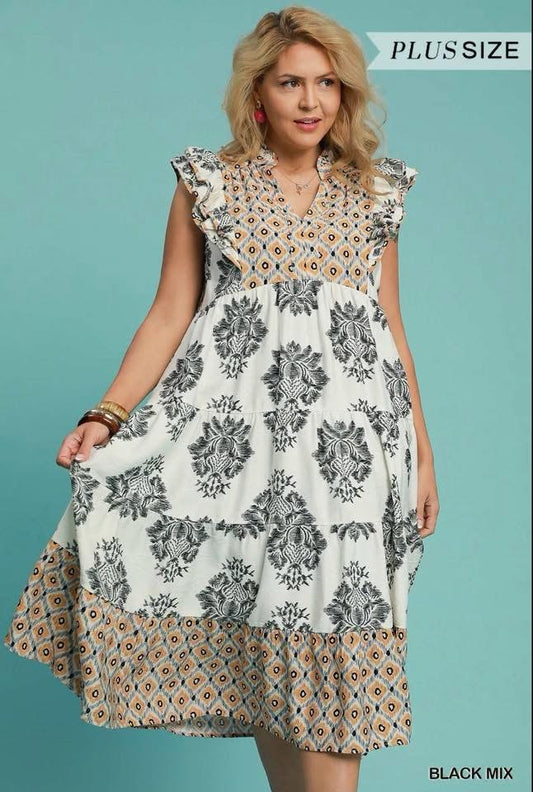 WC4395 Curvy Mixed Print Midi Dress