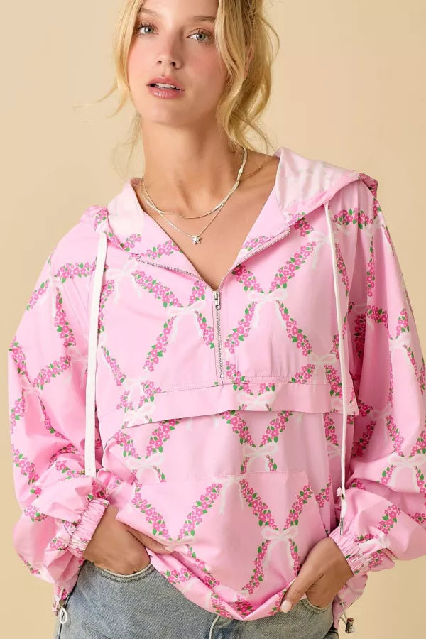 LJ61399 Coquette Ribbon and Floral Windbreaker Jacket