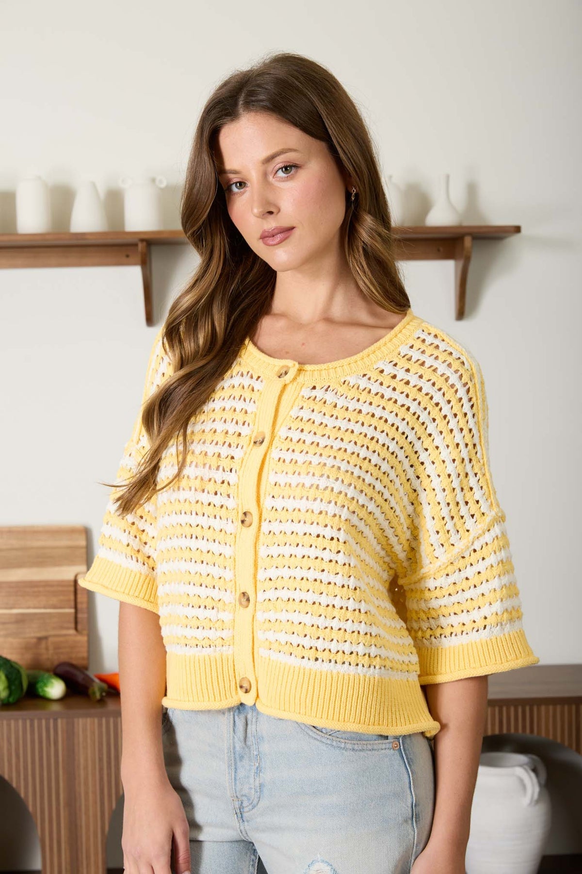 B6ST1032 Stripe Open Crochet Sweater Top