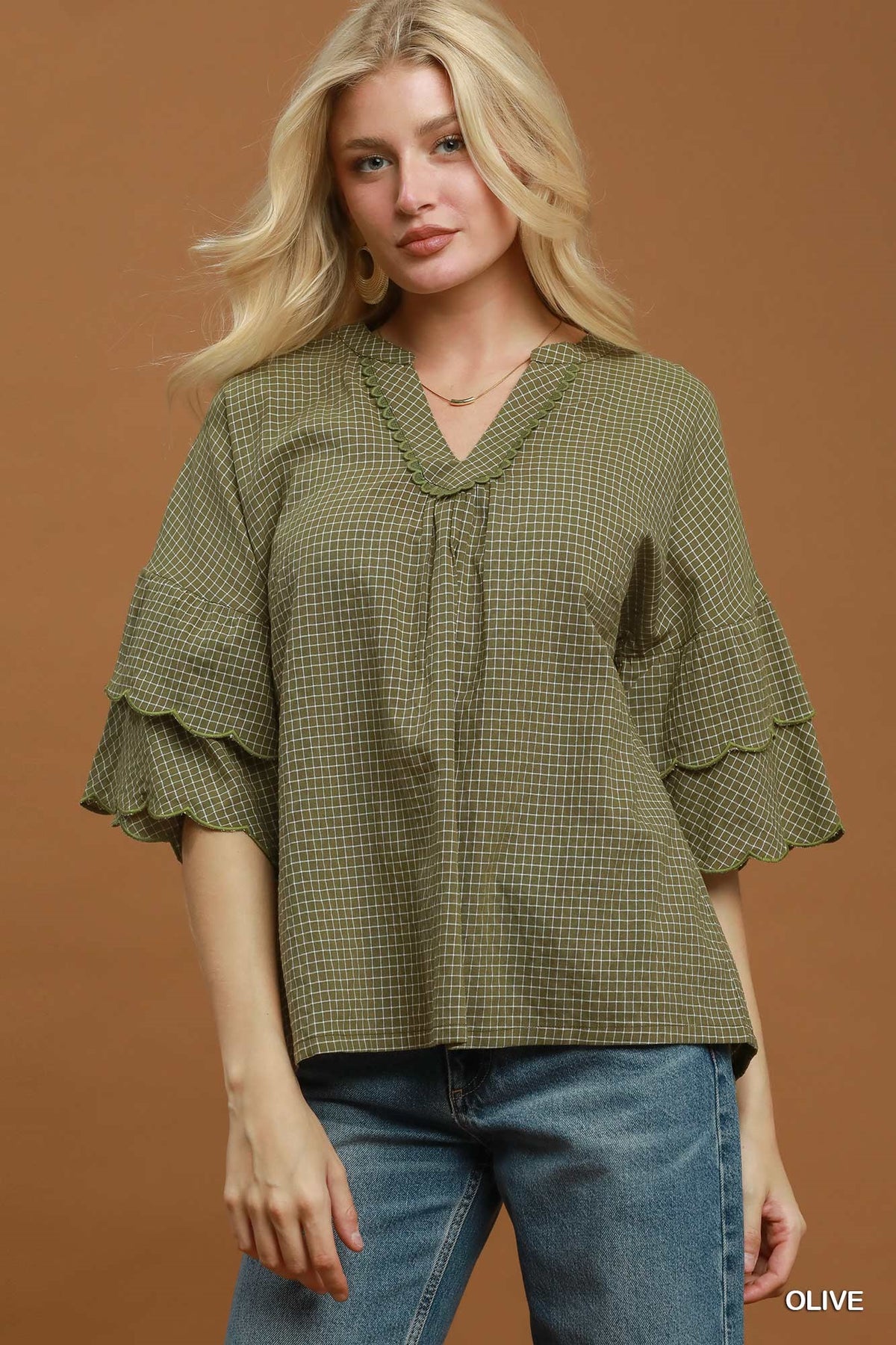 N7120 Checkered Top with Tiered Ruffle Sleeves