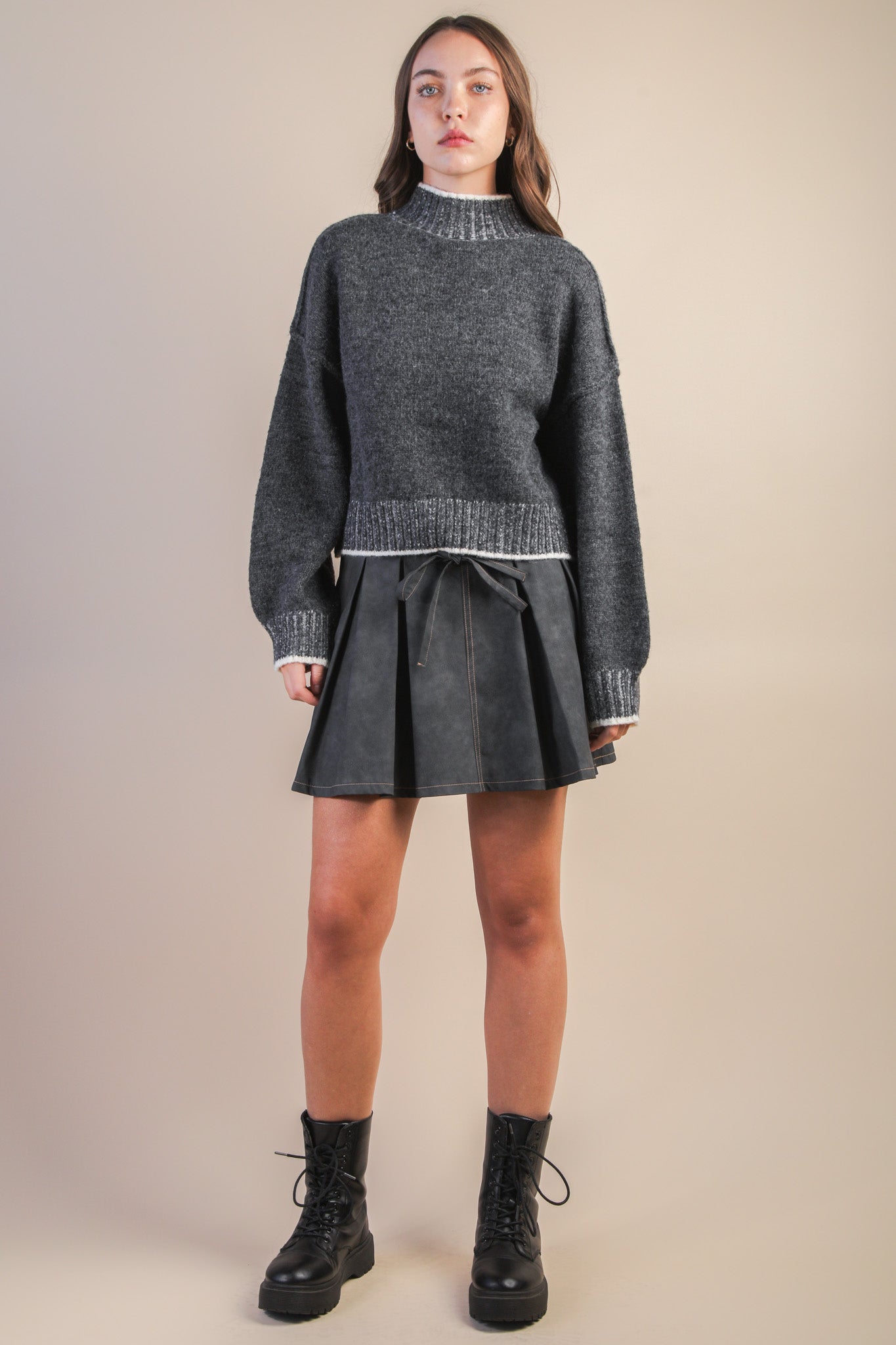 NS50177 Vegan Leather Pleated Mini Skort