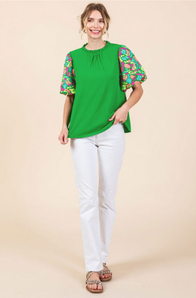 H11306 Embroidered Puff Sleeve Top