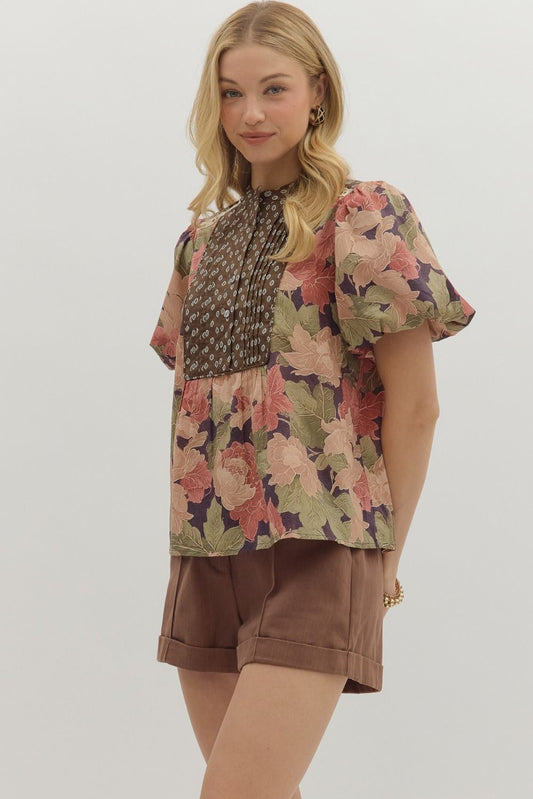 T28196 Floral Pattern Bubble Sleeve Top