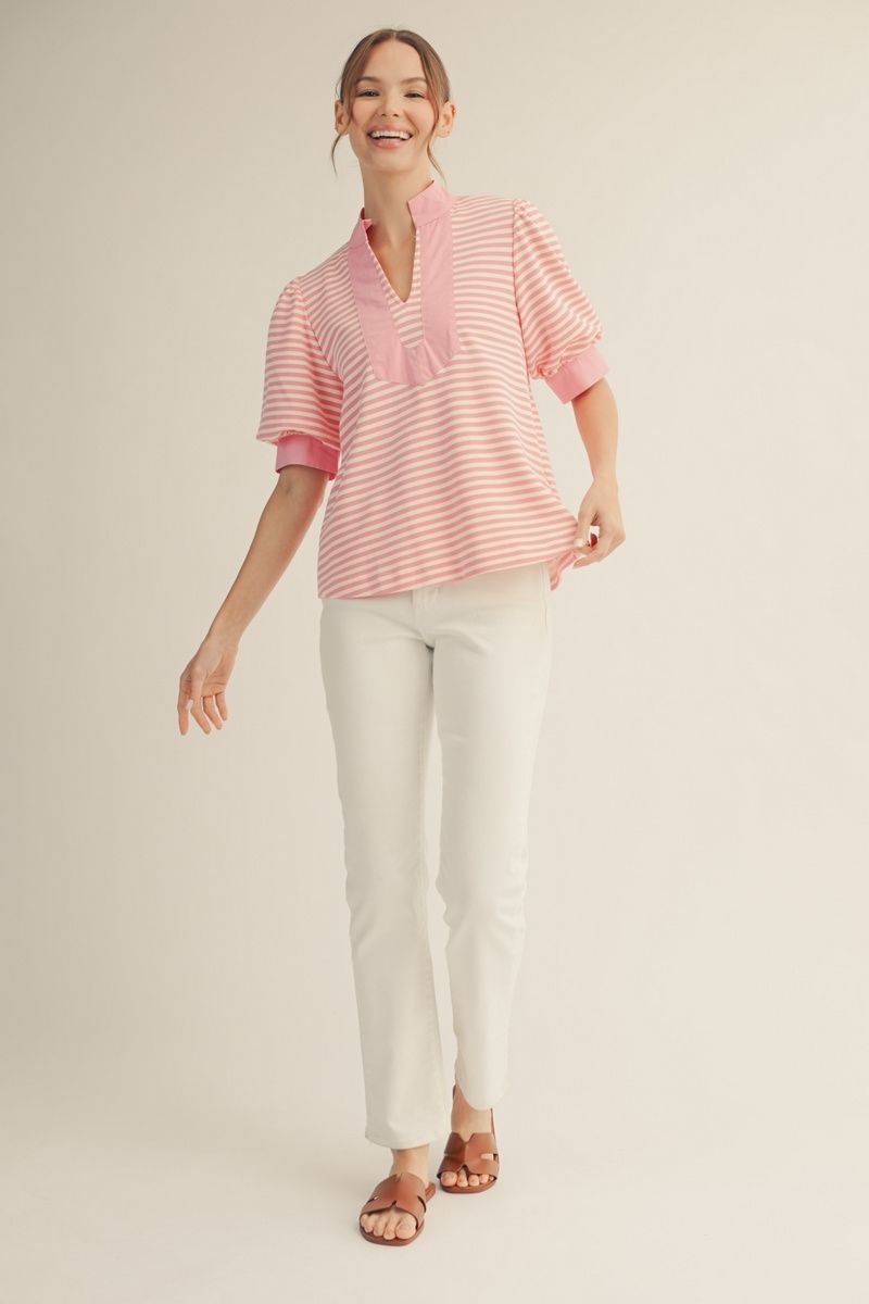 B13435-1-PLUS Curvy Stripe and Solid Contrast Top