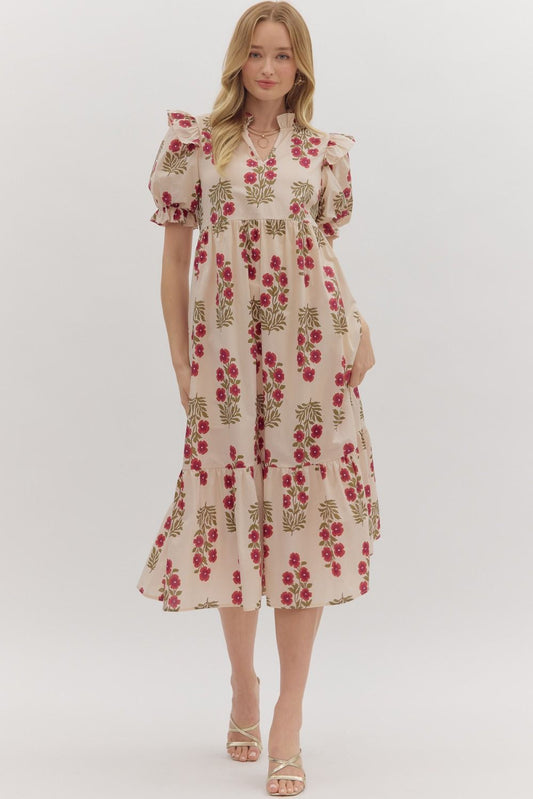 D28289 Floral Print Short Sleeve Midi Dress