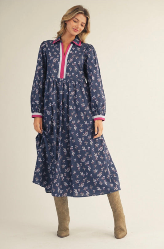 H12602 Long Sleeve Floral Midi Dress