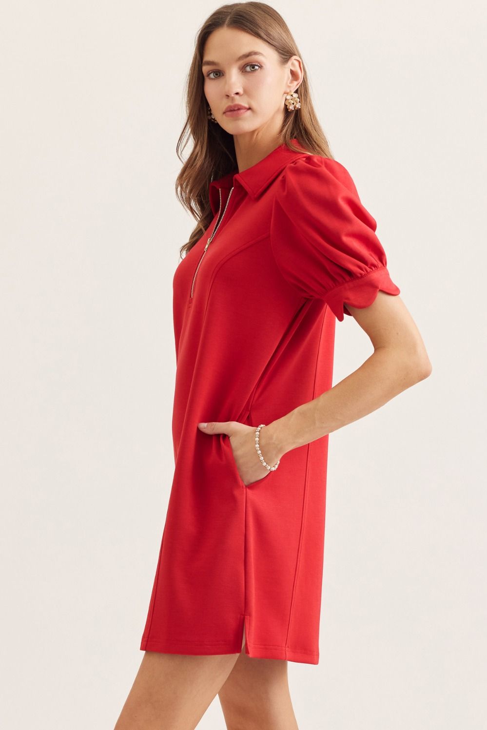 D30134 Solid Mini Dress with Scallop Details