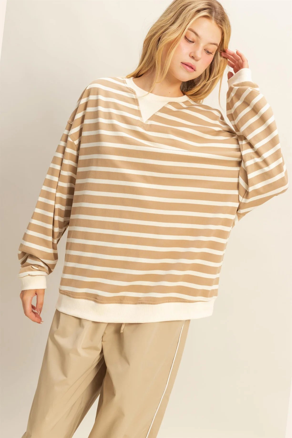 HF25F060 Striped Long Sleeve Tee with Contrast Hem