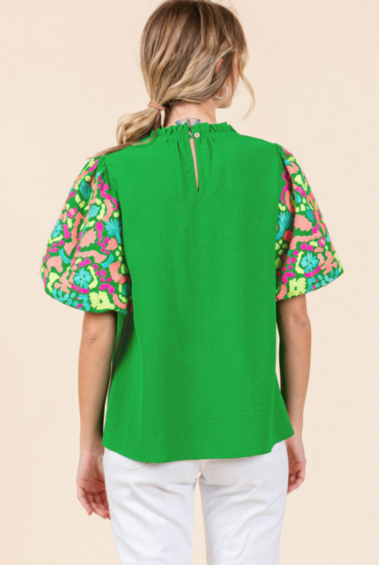 H11306 Embroidered Puff Sleeve Top