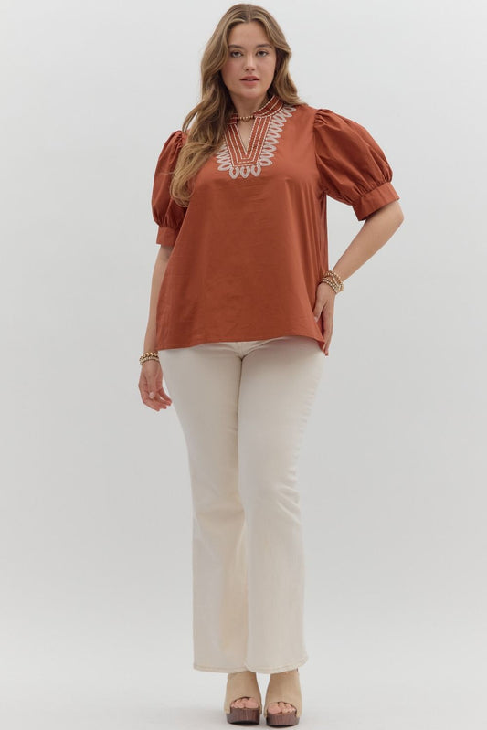 T27464P Curvy Solid Puff Sleeve Top