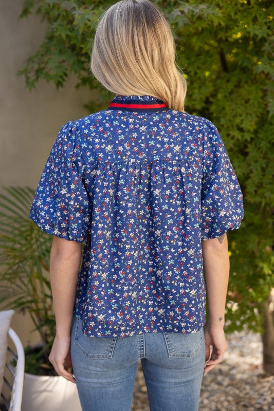 36257 Multicolor Striped Trim Detailed Floral Top