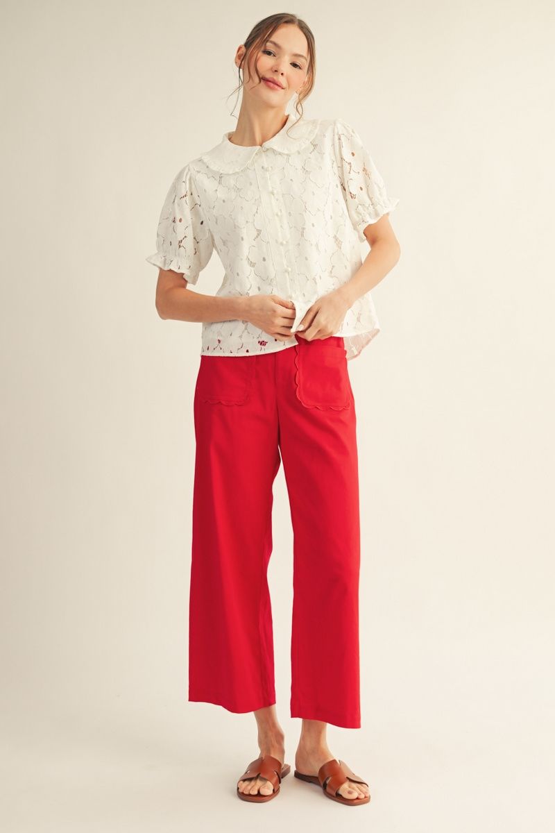 H50021 Scallop Pocket Detail Wide Leg Pants