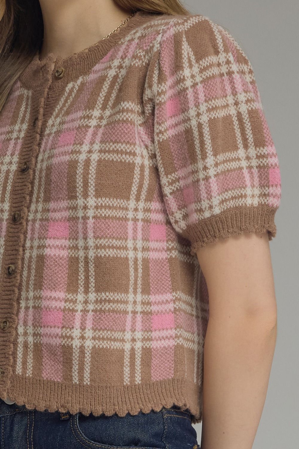 T32127 Plaid Sweater Top
