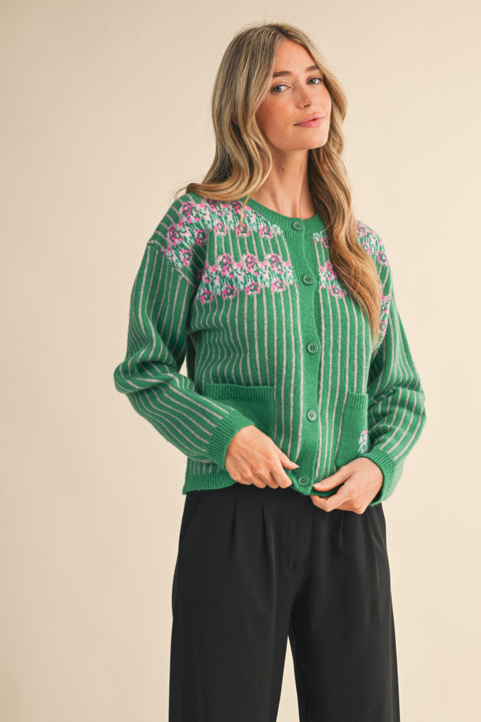 MSW11058 Striped Floral Sweater Cardigan