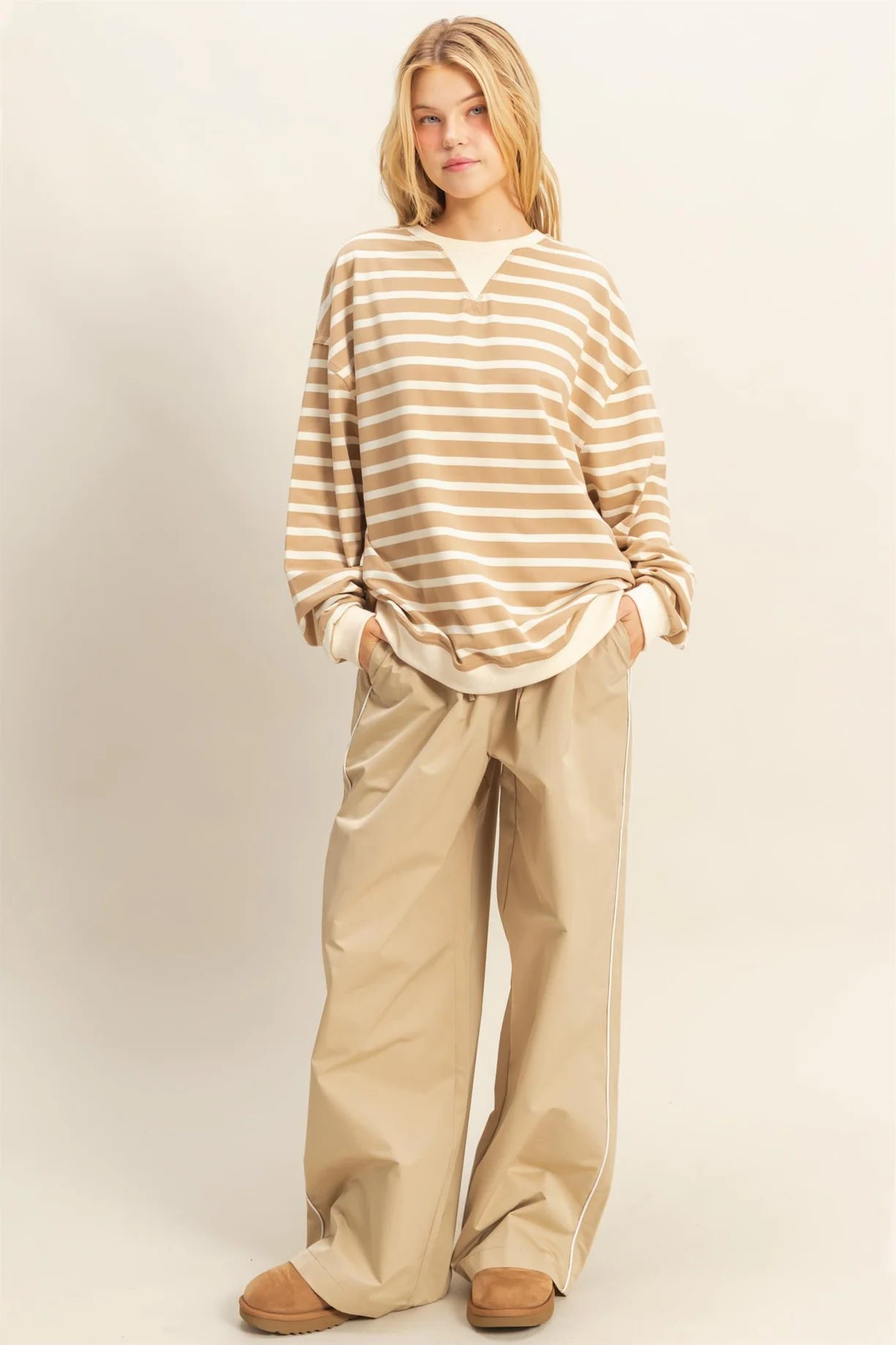 HF25F060 Striped Long Sleeve Tee with Contrast Hem