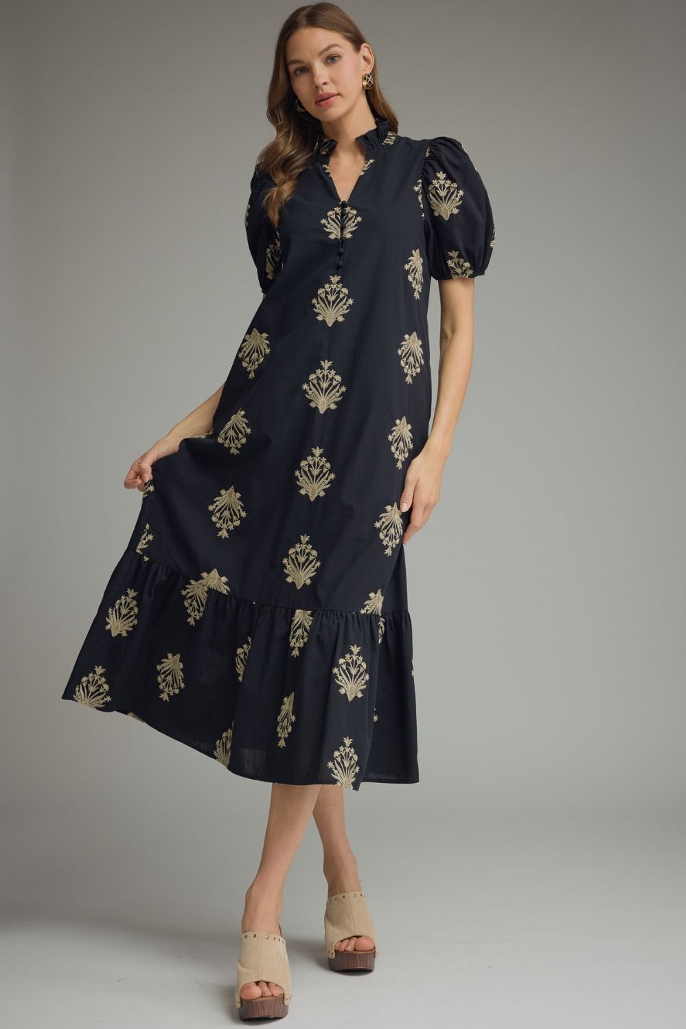 D30221 Embroidered Botanical Midi Dress