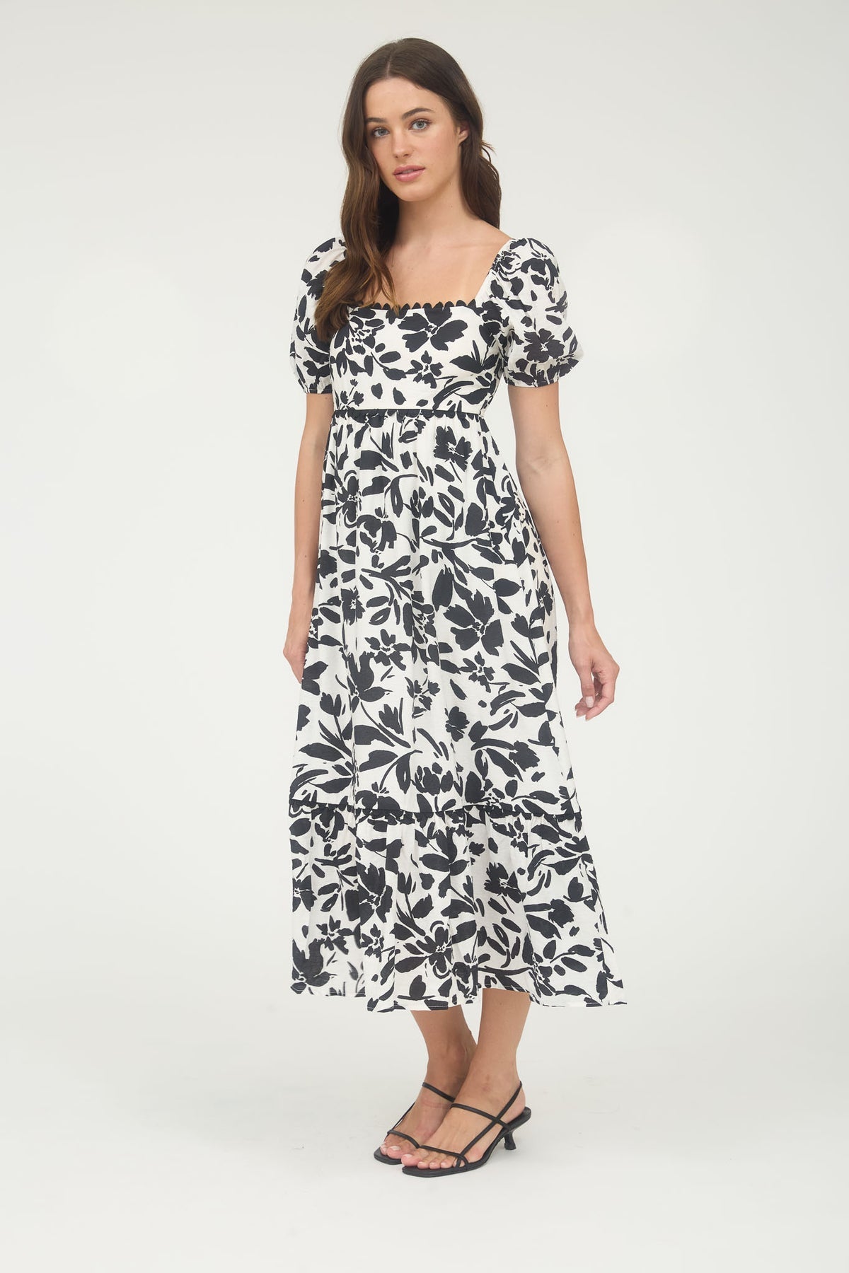 CR2559 Floral Puff Sleeve Midi Dress