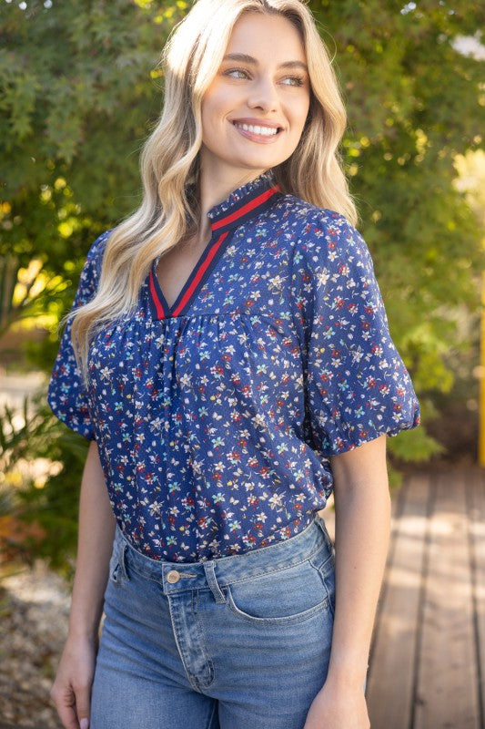 36257 Multicolor Striped Trim Detailed Floral Top