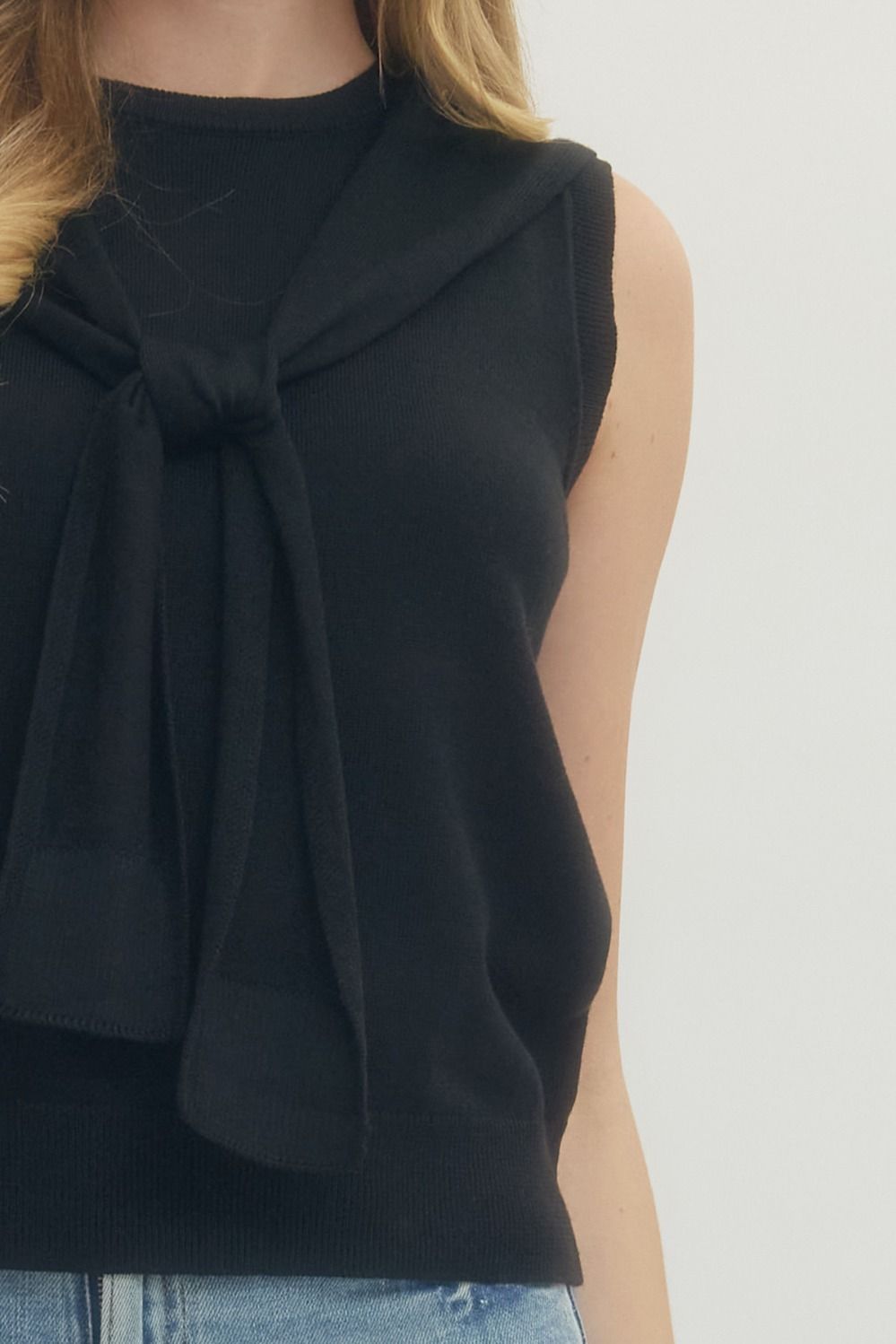 T29421 Solid Scarf Accent Sleeveless Top